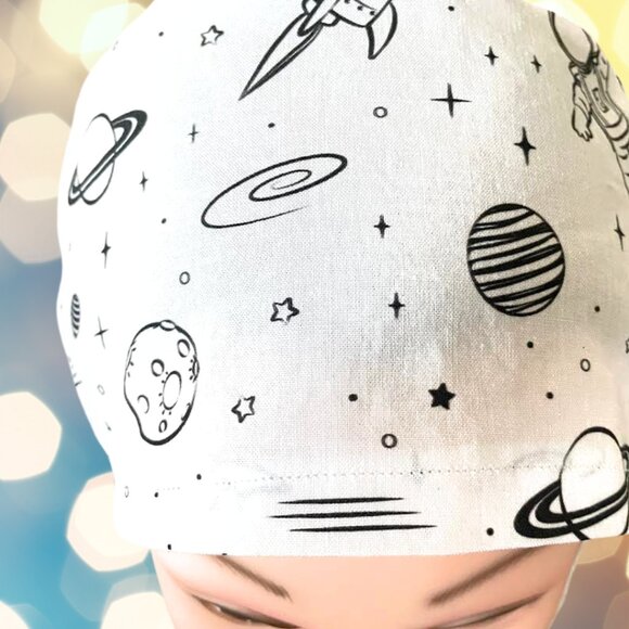 PREMIUM Optic White Space~Euro Scrub Cap Unisex Nurse Cap, CNA,MD,PA,Tech,Vet - Picture 2 of 4